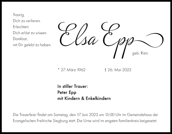 Anzeige von Elsa Epp von Kölner Stadt-Anzeiger / Kölnische Rundschau / Express