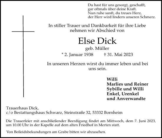 Anzeige von Else Dick von Kölner Stadt-Anzeiger / Kölnische Rundschau / Express