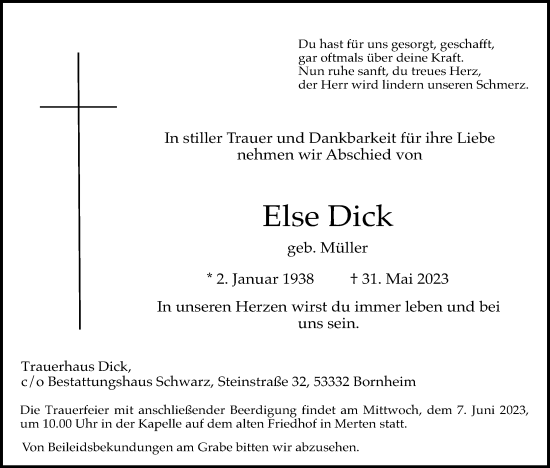 Anzeige von Else Dick von Kölner Stadt-Anzeiger / Kölnische Rundschau / Express