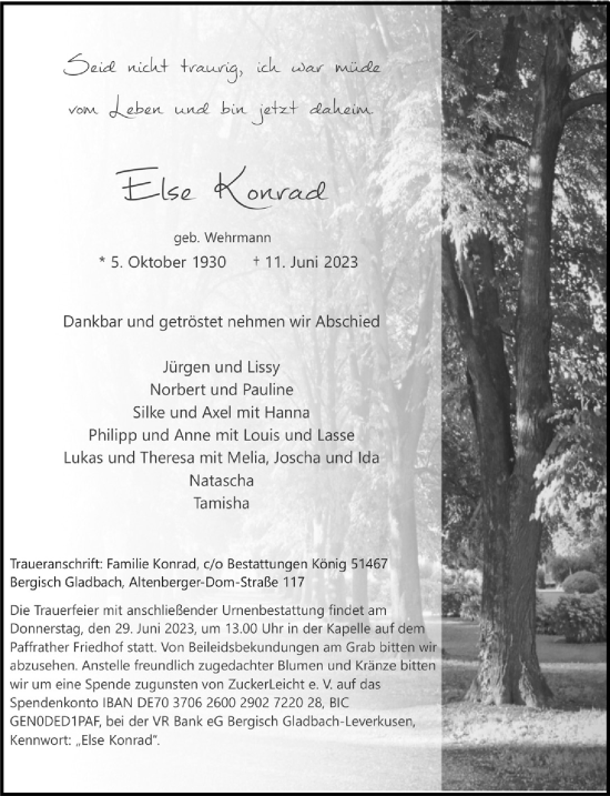 Anzeige von Else Konrad von  Bergisches Handelsblatt  Anzeigen Echo 