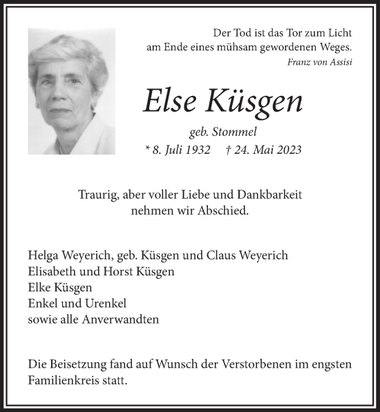 Anzeige von Else Küsgen von  Bergisches Handelsblatt 