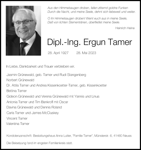 Anzeige von Ergun Tamer von Kölner Stadt-Anzeiger / Kölnische Rundschau / Express