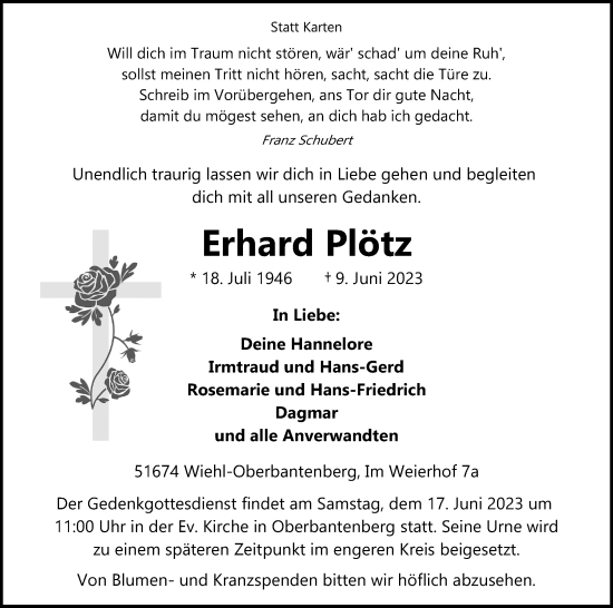 Anzeige von Erhard Plötz von Kölner Stadt-Anzeiger / Kölnische Rundschau / Express