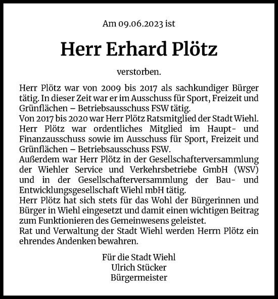 Anzeige von Erhard Plötz von Kölner Stadt-Anzeiger / Kölnische Rundschau / Express