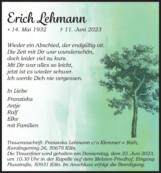 Anzeige von Erich Lehmann von Kölner Stadt-Anzeiger / Kölnische Rundschau / Express