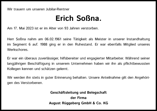 Anzeige von Erich Soßna von Kölner Stadt-Anzeiger / Kölnische Rundschau / Express