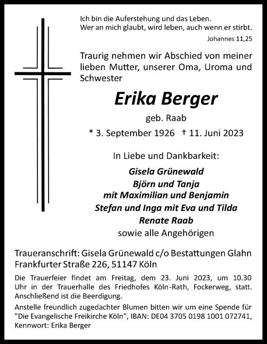 Anzeige von Erika Berger von Kölner Stadt-Anzeiger / Kölnische Rundschau / Express