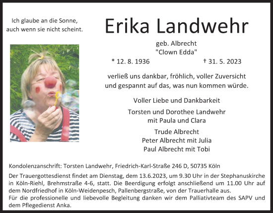 Anzeige von Erika Landwehr von Kölner Stadt-Anzeiger / Kölnische Rundschau / Express