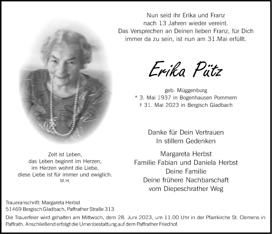 Anzeige von Erika Pütz von  Bergisches Handelsblatt 