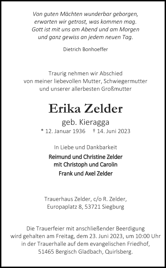 Anzeige von Erika Zelder von Kölner Stadt-Anzeiger / Kölnische Rundschau / Express