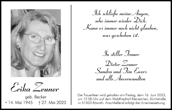 Anzeige von Erika Zeuner von Kölner Stadt-Anzeiger / Kölnische Rundschau / Express