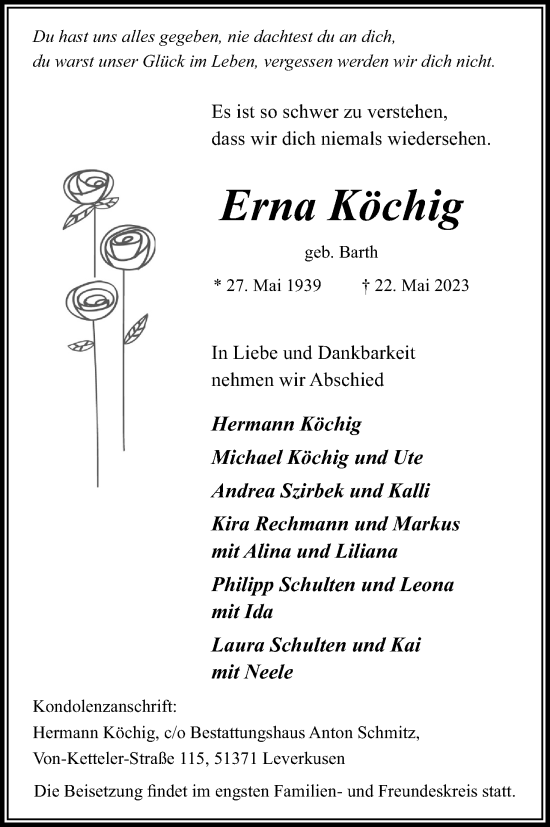 Anzeige von Erna Köchig von Kölner Stadt-Anzeiger / Kölnische Rundschau / Express