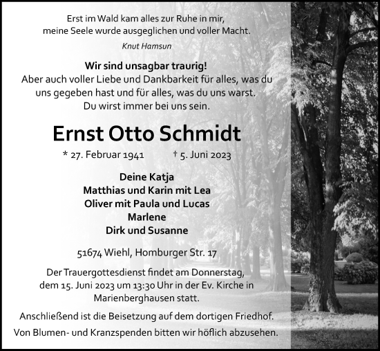Anzeige von Ernst-Otto Schmidt von Kölner Stadt-Anzeiger / Kölnische Rundschau / Express