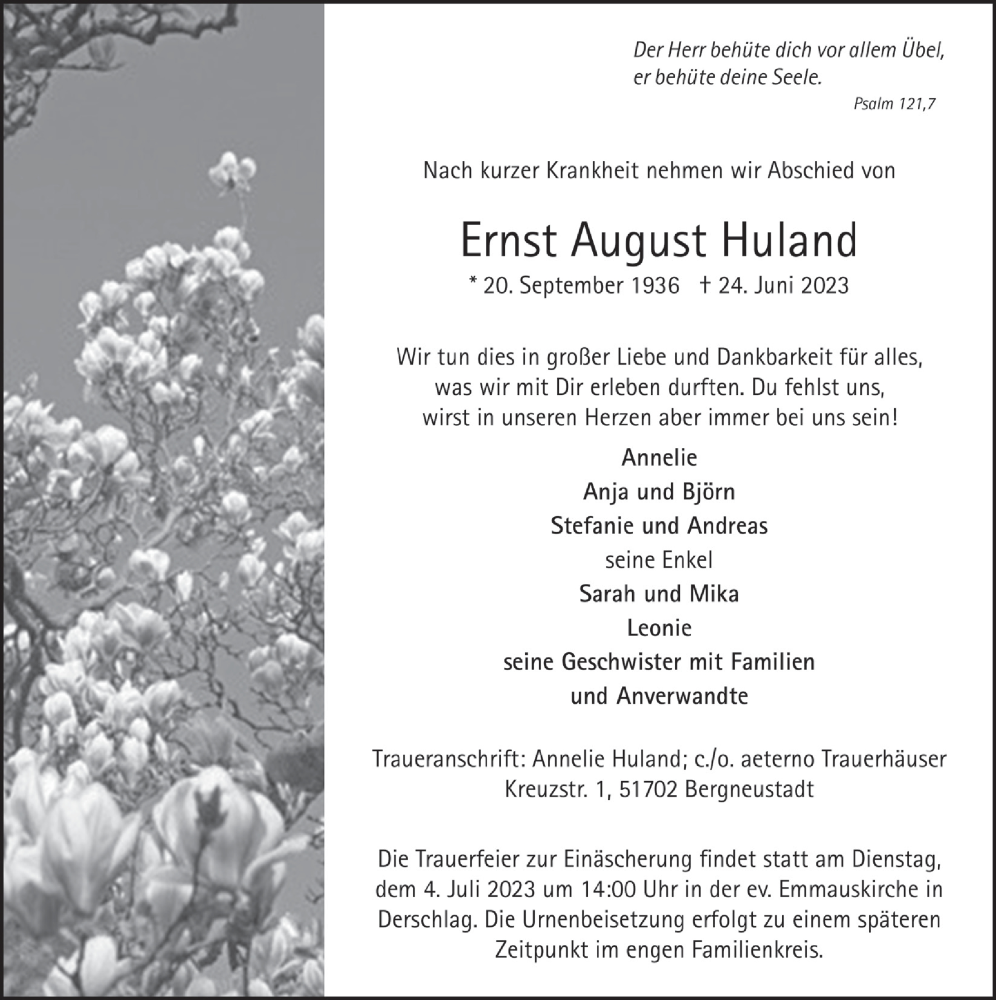  Traueranzeige für Ernst August Huland vom 30.06.2023 aus  Anzeigen Echo 