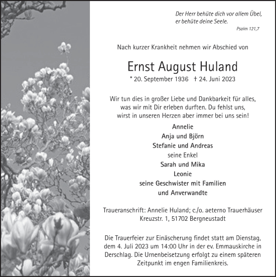 Anzeige von Ernst August Huland von  Anzeigen Echo 