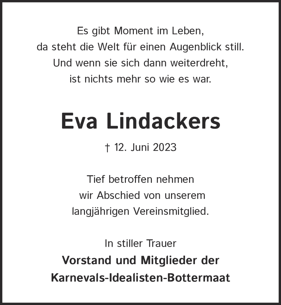  Traueranzeige für Eva Lindackers vom 18.07.2023 aus  EXPRESS - Die Woche 