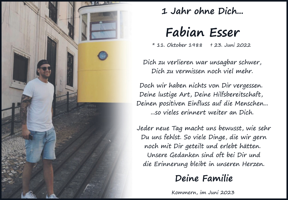  Traueranzeige für Fabian Esser vom 24.06.2023 aus  Blickpunkt Euskirchen 