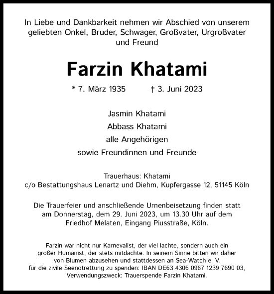 Anzeige von Farzin Khatami von Kölner Stadt-Anzeiger / Kölnische Rundschau / Express