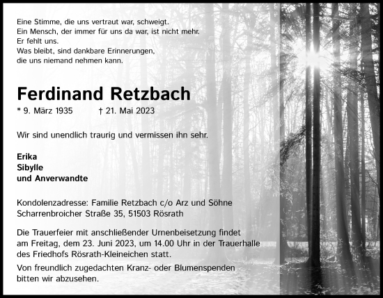 Anzeige von Ferdinand Retzbach von Kölner Stadt-Anzeiger / Kölnische Rundschau / Express