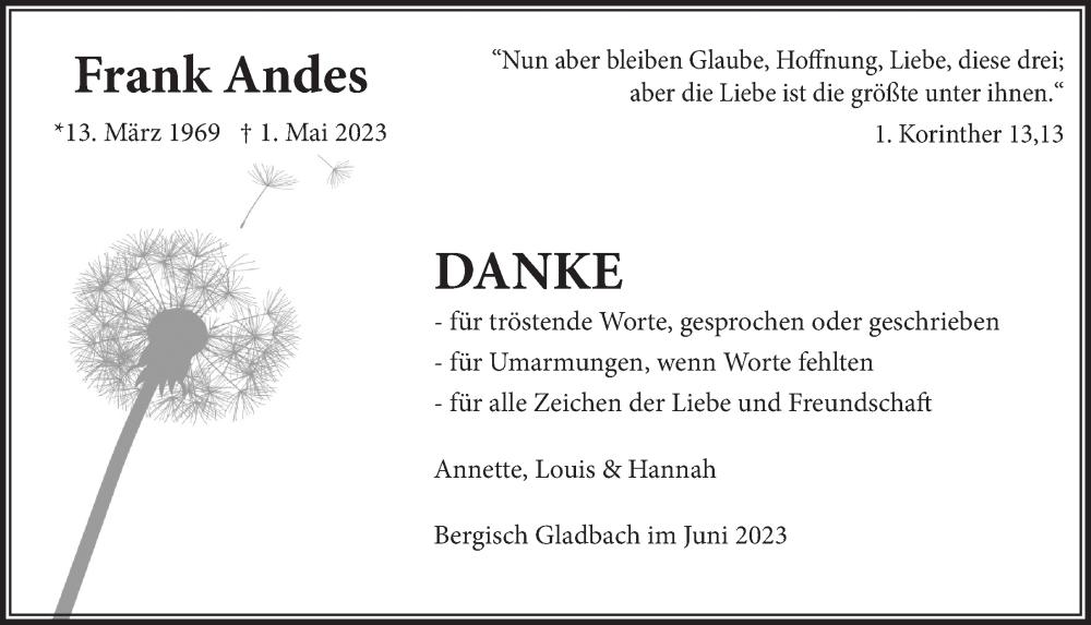  Traueranzeige für Frank Andes vom 18.07.2023 aus  Bergisches Handelsblatt 