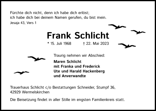 Anzeige von Frank Schlicht von Kölner Stadt-Anzeiger / Kölnische Rundschau / Express