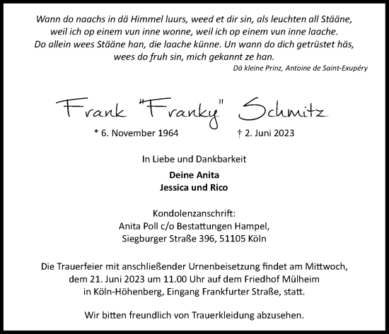 Anzeige von Frank Schmitz von Kölner Stadt-Anzeiger / Kölnische Rundschau / Express