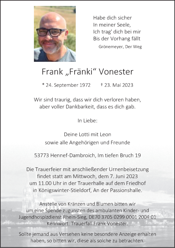  Traueranzeige für Frank Vonester vom 02.06.2023 aus  Extra Blatt 