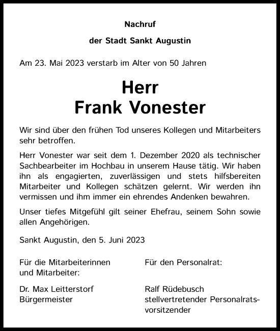 Anzeige von Frank Vonester von Kölner Stadt-Anzeiger / Kölnische Rundschau / Express