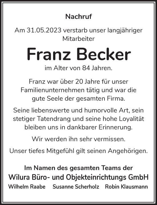 Anzeige von Franz Becker von  Wochenende 
