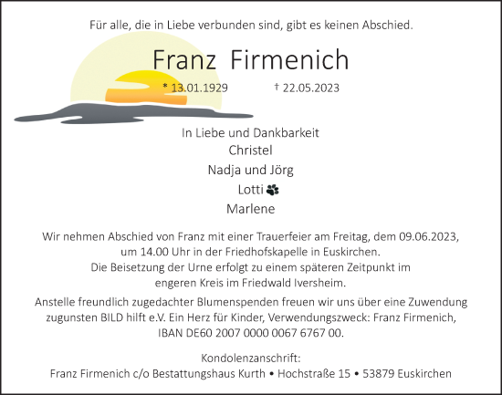 Anzeige von Franz Firmenich von  Blickpunkt Euskirchen 