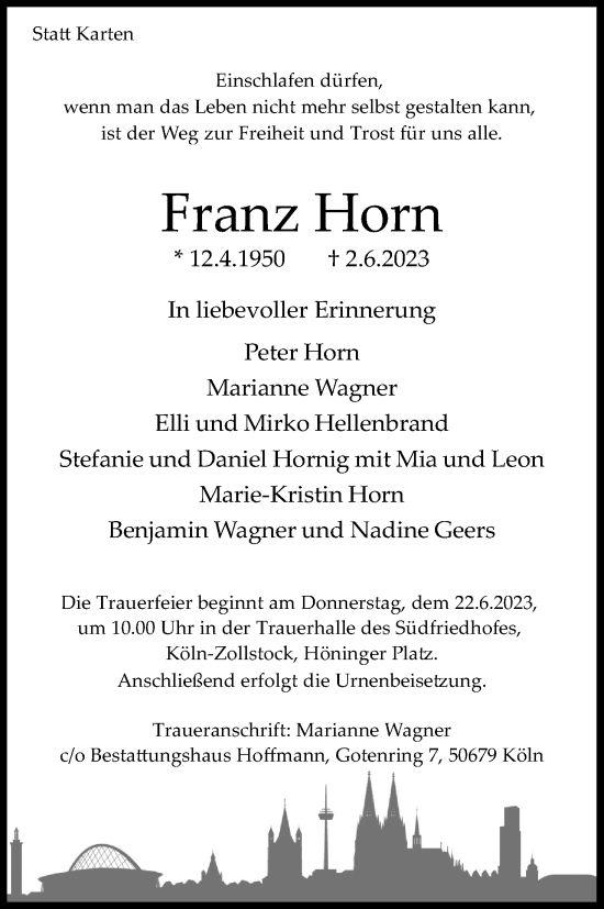 Anzeige von Franz Horn von Kölner Stadt-Anzeiger / Kölnische Rundschau / Express