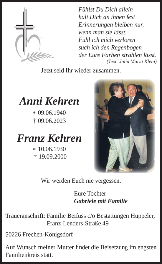 Anzeige von Franz Kehren von  Wochenende 