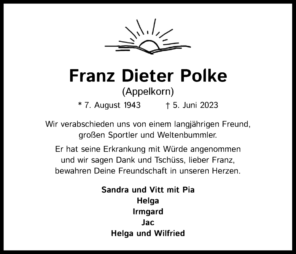  Traueranzeige für Franz Dieter Polke vom 01.07.2023 aus Kölner Stadt-Anzeiger / Kölnische Rundschau / Express