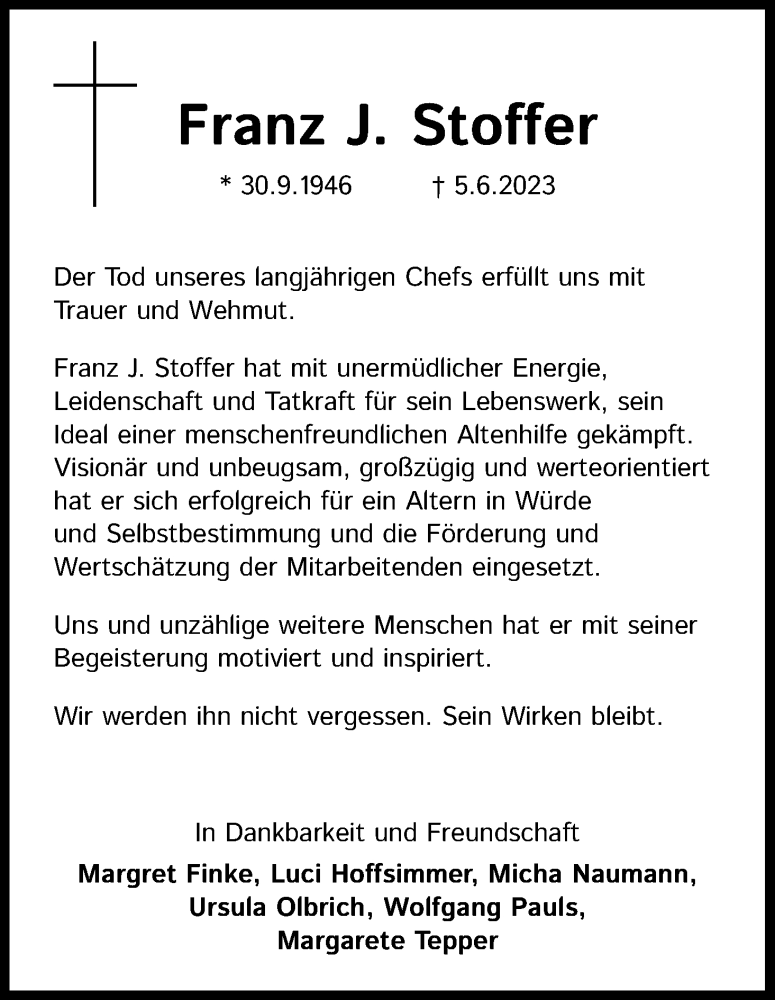 passager Emigrere klimaks Traueranzeigen von Franz J. Stoffer | WirTrauern