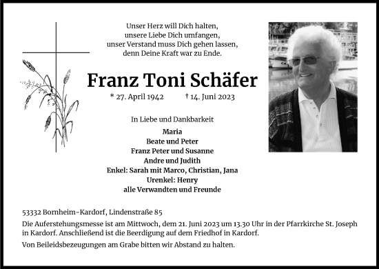 Anzeige von Franz Toni Schäfer von Kölner Stadt-Anzeiger / Kölnische Rundschau / Express