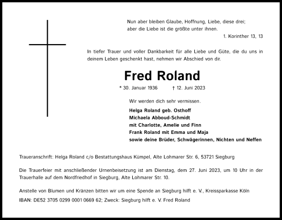 Anzeige von Fred Roland von Kölner Stadt-Anzeiger / Kölnische Rundschau / Express