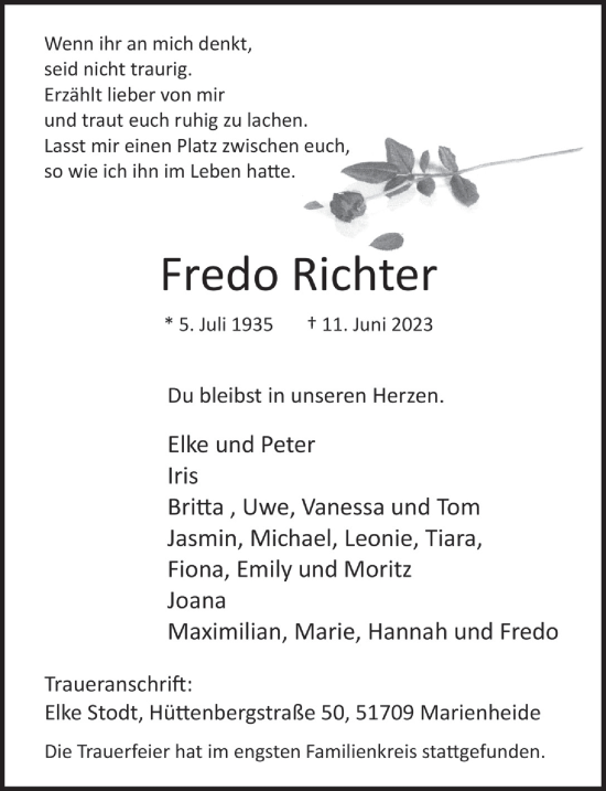 Anzeige von Fredo Richter von  Anzeigen Echo 