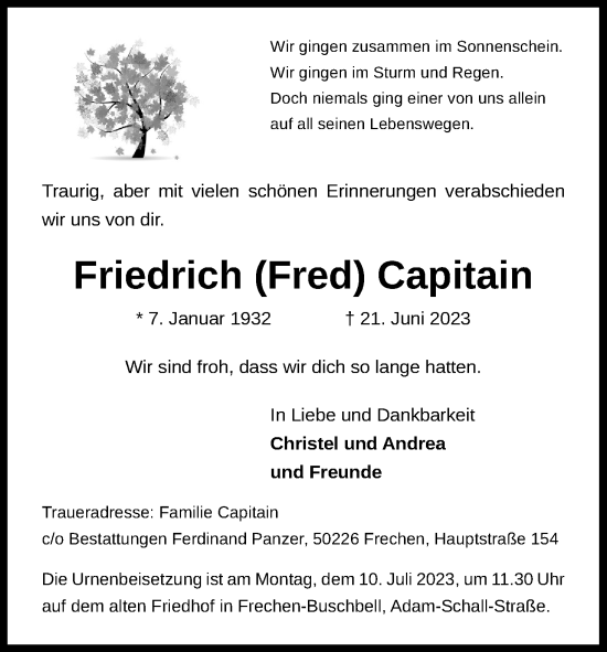 Anzeige von Friedrich Capitain von Kölner Stadt-Anzeiger / Kölnische Rundschau / Express