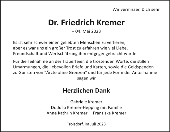 Anzeige von Friedrich Kremer von Kölner Stadt-Anzeiger / Kölnische Rundschau / Express