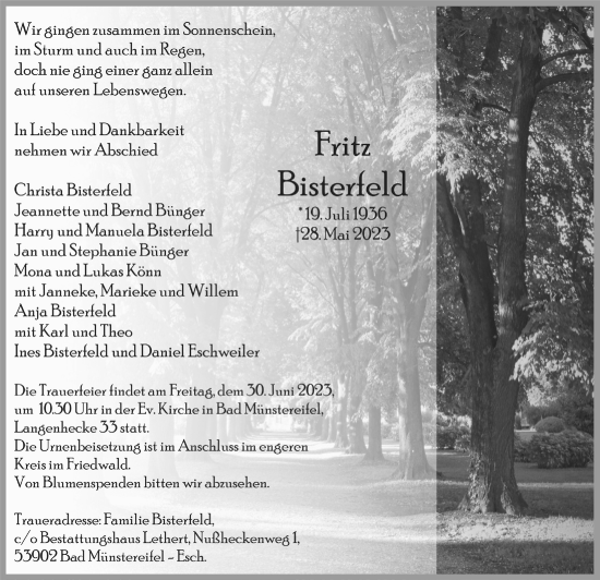 Anzeige von Fritz Bisterfeld von  Blickpunkt Euskirchen 