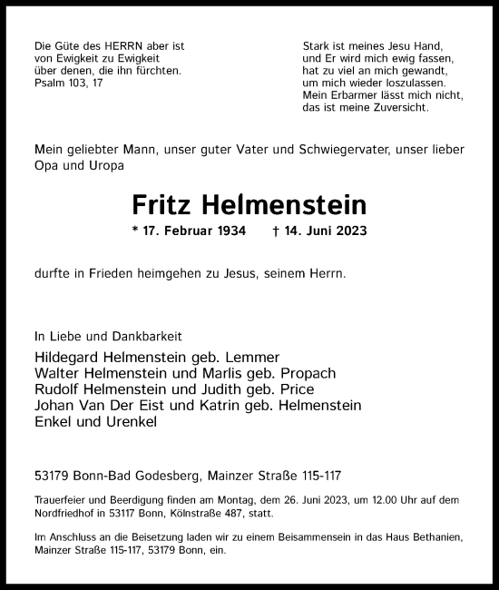 Anzeige von Fritz Helmenstein von Kölner Stadt-Anzeiger / Kölnische Rundschau / Express