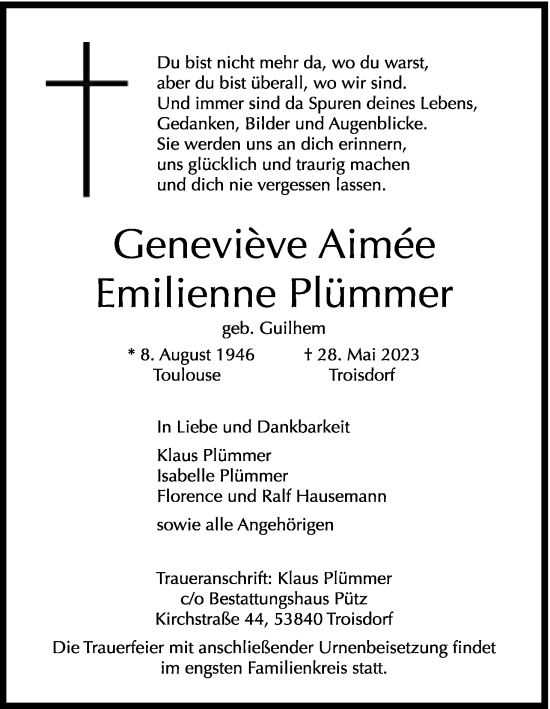 Anzeige von Genevieve Aimeen Emilienne Plümmer von Kölner Stadt-Anzeiger / Kölnische Rundschau / Express