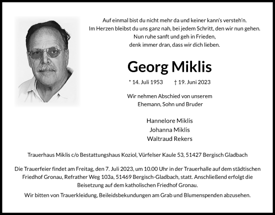 Anzeige von Georg Miklis von Kölner Stadt-Anzeiger / Kölnische Rundschau / Express