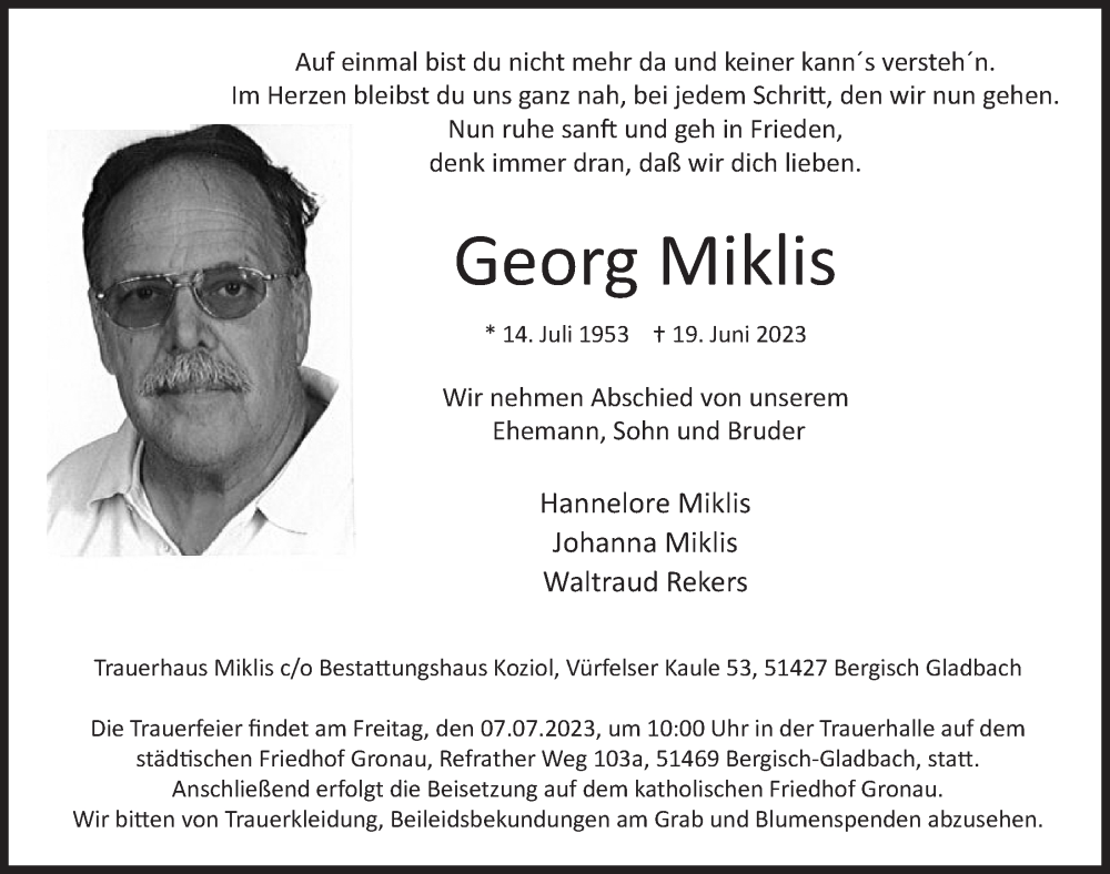  Traueranzeige für Georg Miklis vom 30.06.2023 aus  Bergisches Handelsblatt 