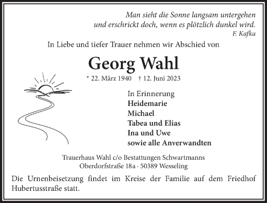 Anzeige von Georg Wahl von  Schlossbote/Werbekurier 
