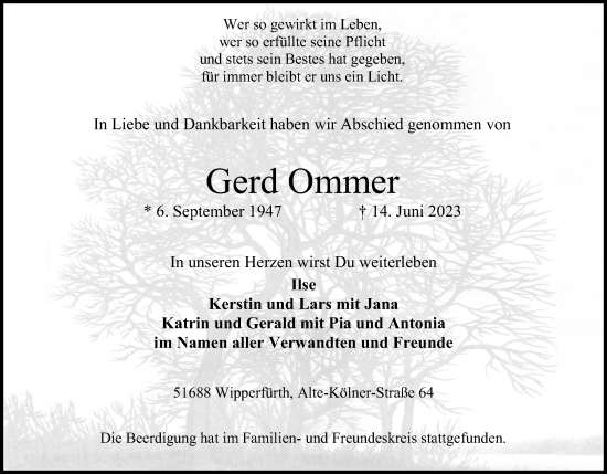Anzeige von Gerd Ommer von Kölner Stadt-Anzeiger / Kölnische Rundschau / Express