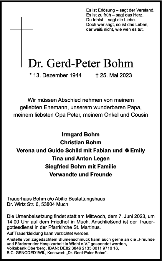Anzeige von Gerd-Peter Bohm von Kölner Stadt-Anzeiger / Kölnische Rundschau / Express