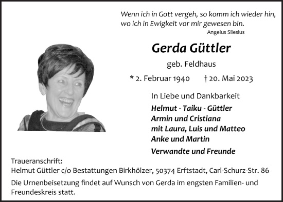 Anzeige von Gerda Güttler von  Werbepost 