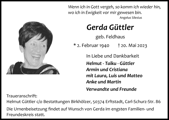 Anzeige von Gerda Güttler von Kölner Stadt-Anzeiger / Kölnische Rundschau / Express