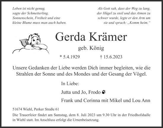 Anzeige von Gerda Krämer von  Anzeigen Echo 